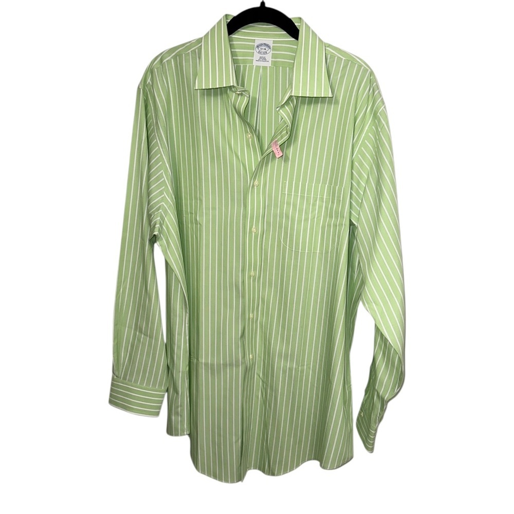 Brooks Brothers Dress Shirt Mens 17-34 Cotton Slim Fit Green & White Stripe - Picture 5 of 9